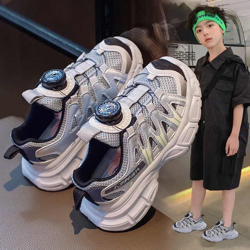 Fiúknak szóló sportcipők, 2025 tavasz, új modell, forgó gombos zárás, lélegző hálós felsőrész, chunky dad stílus