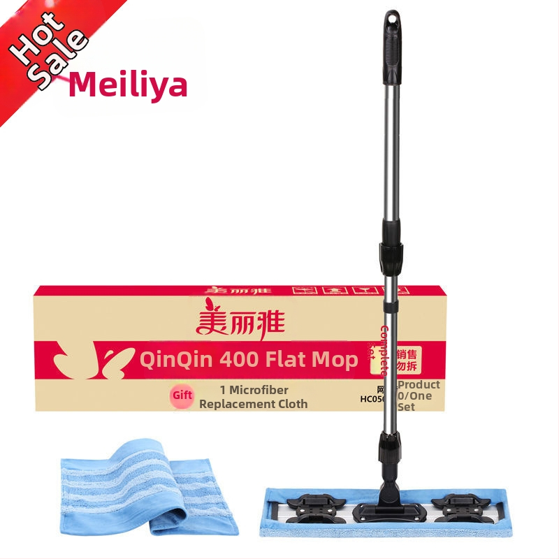 Ploški mop za drvene podove i pločice s mikrovlaknom glavom, glava od aluminijske legure s klipsom, šipka od nehrđajućeg čelika, uključuje krpu za mop