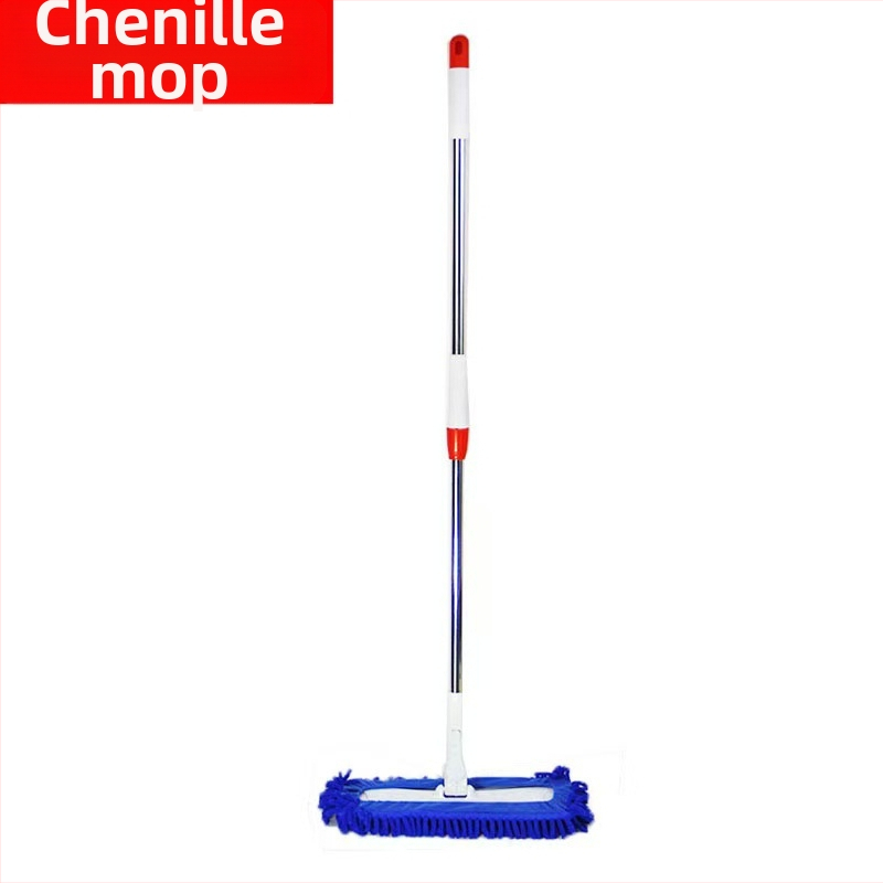 Plochý mop z chenille s absorbujúcou handrou a nerezovou oceľovou rúčkou – na čistenie drevených a keramických podláh