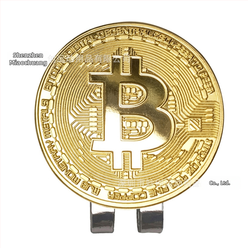 Golfová spona na čiapku s magnetom – kovová, zlatý Bitcoin motív, marker polohy golfovej loptičky