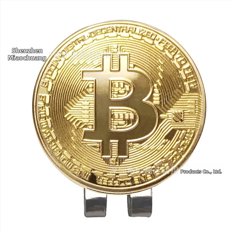 Golfová spona na čiapku s magnetom – kovová, zlatý Bitcoin motív, marker polohy golfovej loptičky