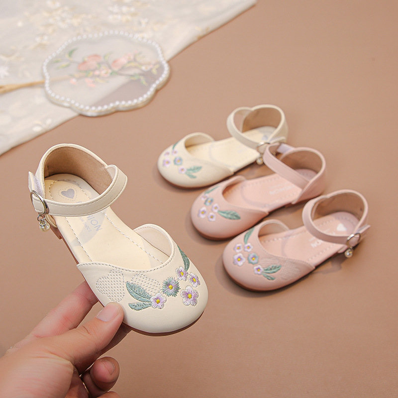 Dječje cipele s izvezenim Hanfu stilom, ljetne sandale za djevojčice, Velcro zatvaranje, stil princeze, kožne sandale