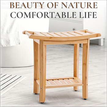 Bancă de duș din bambus cu rafturi de depozitare – organizator cu două etaje pentru baie, sufragerie, dormitor și grădină, utilizare în interior/exterior, dimensiuni 49 × 25 × 43 cm