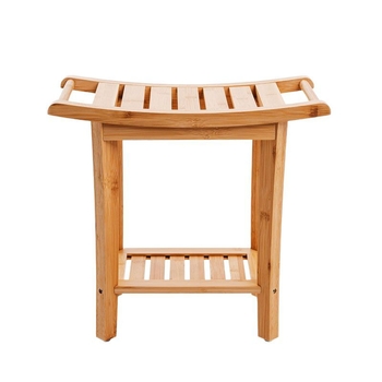 Bancă de duș din bambus cu rafturi de depozitare – organizator cu două etaje pentru baie, sufragerie, dormitor și grădină, utilizare în interior/exterior, dimensiuni 49 × 25 × 43 cm