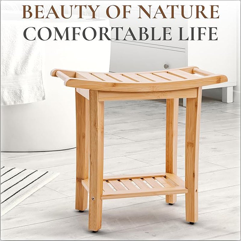 Bancă de duș din bambus cu rafturi de depozitare – organizator cu două etaje pentru baie, sufragerie, dormitor și grădină, utilizare în interior/exterior, dimensiuni 49 × 25 × 43 cm