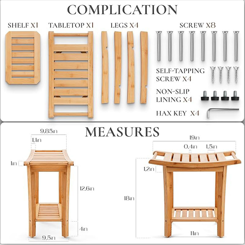 Bancă de duș din bambus cu rafturi de depozitare – organizator cu două etaje pentru baie, sufragerie, dormitor și grădină, utilizare în interior/exterior, dimensiuni 49 × 25 × 43 cm