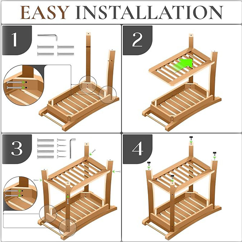 Bancă de duș din bambus cu rafturi de depozitare – organizator cu două etaje pentru baie, sufragerie, dormitor și grădină, utilizare în interior/exterior, dimensiuni 49 × 25 × 43 cm