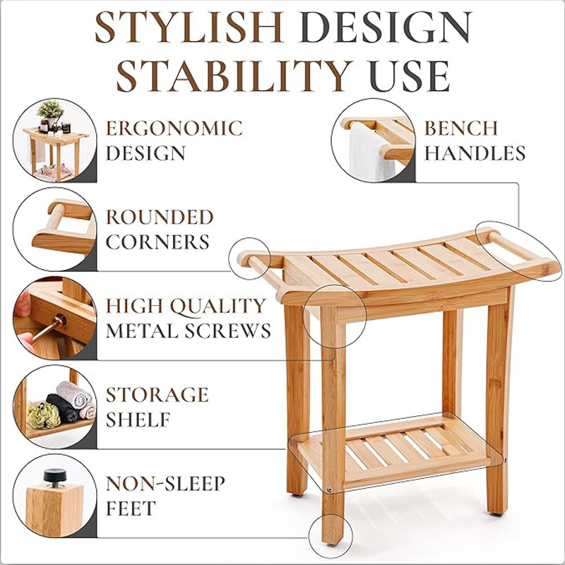 Bancă de duș din bambus cu rafturi de depozitare – organizator cu două etaje pentru baie, sufragerie, dormitor și grădină, utilizare în interior/exterior, dimensiuni 49 × 25 × 43 cm