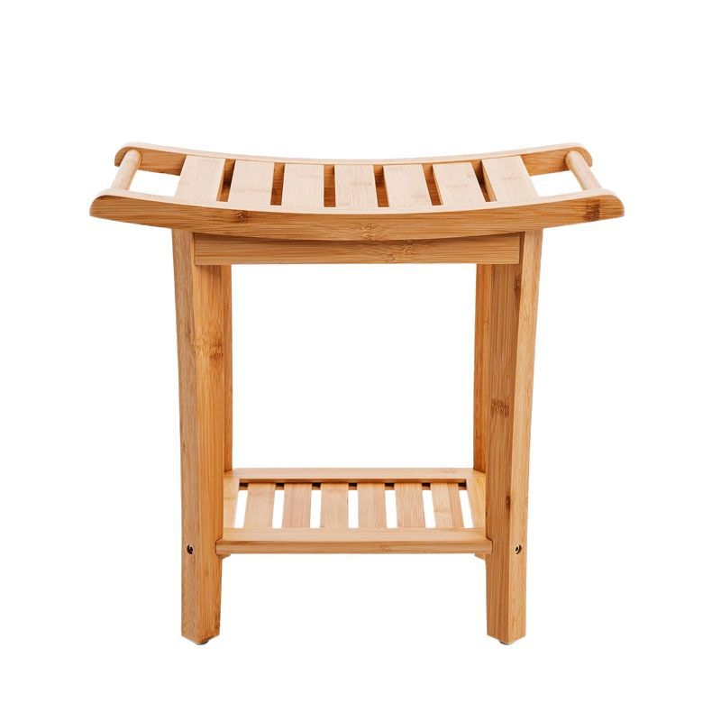 Bancă de duș din bambus cu rafturi de depozitare – organizator cu două etaje pentru baie, sufragerie, dormitor și grădină, utilizare în interior/exterior, dimensiuni 49 × 25 × 43 cm