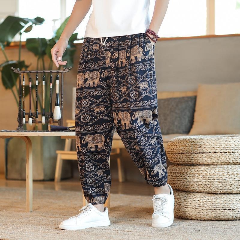 Muške lanene hlače s motivom Cashew Flower, tajlandski stil, široke nogavice, cropped dužina, ležeran kroj, sportski stil