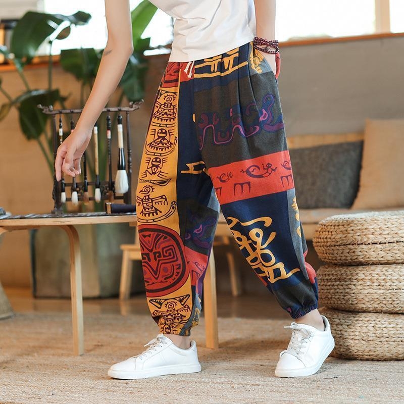 Muške lanene hlače s motivom Cashew Flower, tajlandski stil, široke nogavice, cropped dužina, ležeran kroj, sportski stil