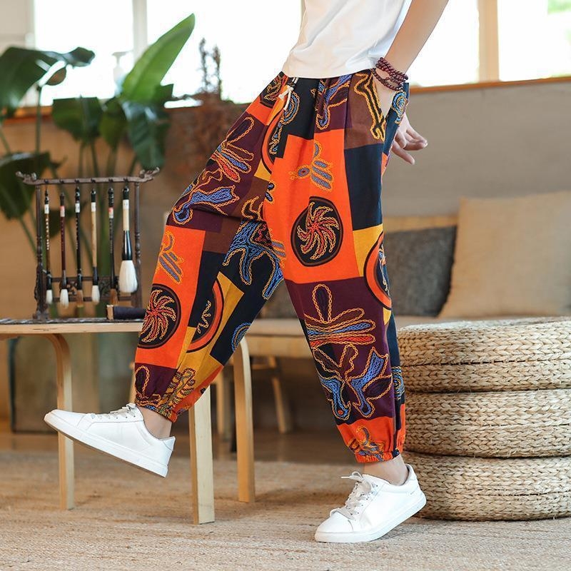 Muške lanene hlače s motivom Cashew Flower, tajlandski stil, široke nogavice, cropped dužina, ležeran kroj, sportski stil