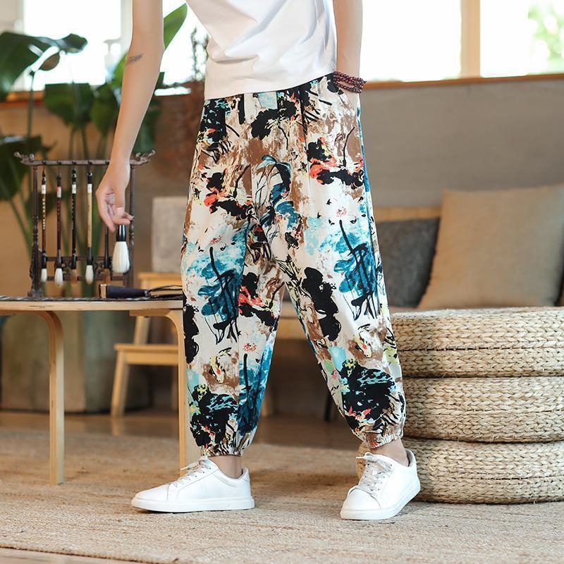 Muške lanene hlače s motivom Cashew Flower, tajlandski stil, široke nogavice, cropped dužina, ležeran kroj, sportski stil