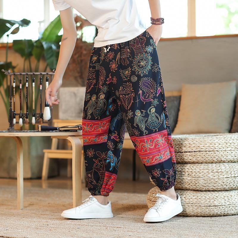 Muške lanene hlače s motivom Cashew Flower, tajlandski stil, široke nogavice, cropped dužina, ležeran kroj, sportski stil