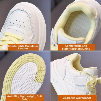 Fehér gyerekcipő lányoknak, 2026 tavasz, alacsony szárú sportcipő Velcro-záróval, csúszásmentes talppal, koreai stílus
