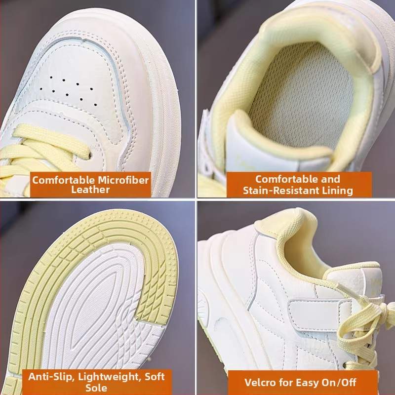 Fehér gyerekcipő lányoknak, 2026 tavasz, alacsony szárú sportcipő Velcro-záróval, csúszásmentes talppal, koreai stílus