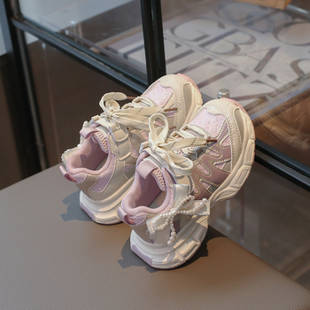 Lányoknak szóló gyerek dad sneakers stílusú sportcipő, 2026 tavasz, hálószövésű, lélegző, gyöngyös pillangó virág motívummal