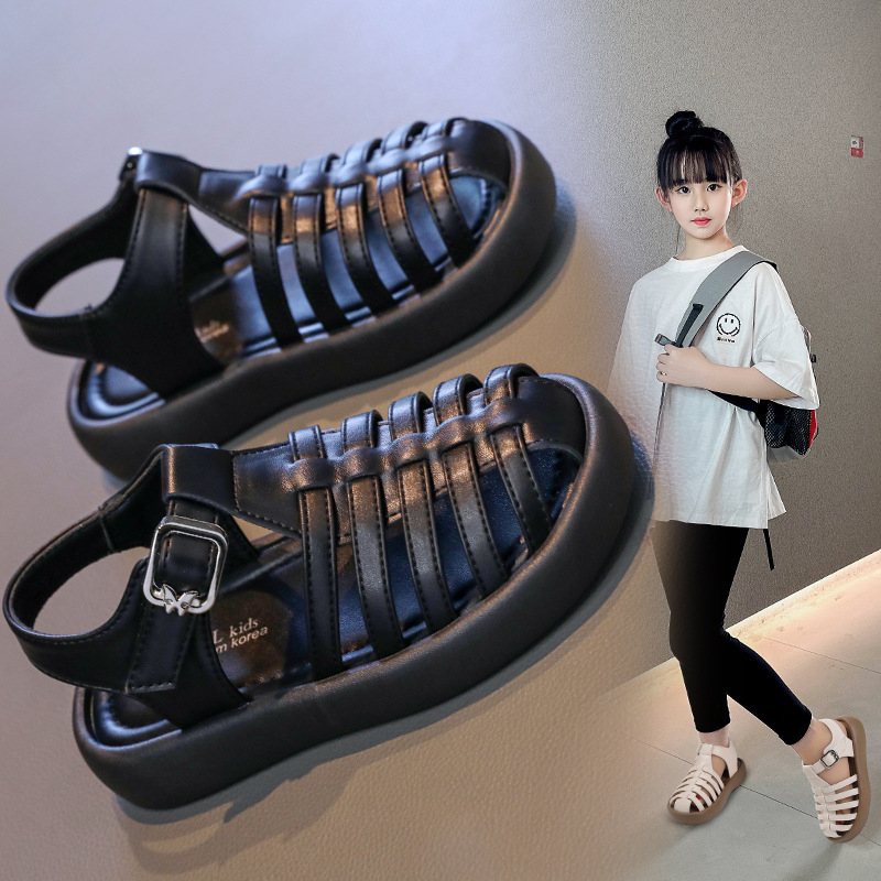Dječje sandale princeze, korejski stil, zatvoren vrh, mekana potplata, rimski dizajn, protuklizne, zatvaranje na Velcro