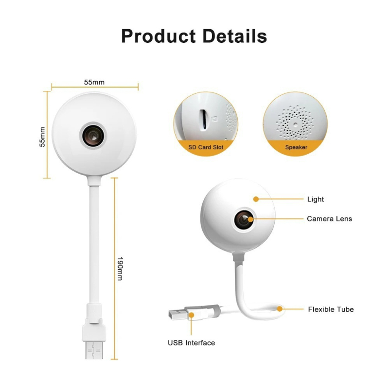 3MP Γκραφίτι USB λαμπτήρας με εσωτερική Wi-Fi κάμερα για έξυπνο σπίτι - Plug and Play παρακολούθηση μωρού
