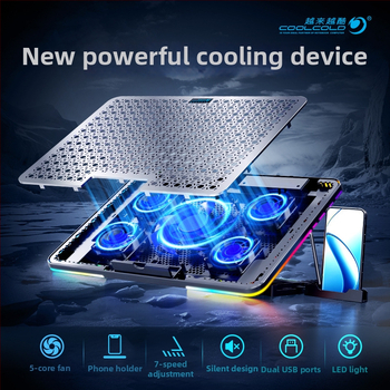 F5 PLUS chladenie pre notebook s RGB osvetlením, kovová sieťovaná plocha, 5 ventilátorov, rozmery 360×255×27 mm