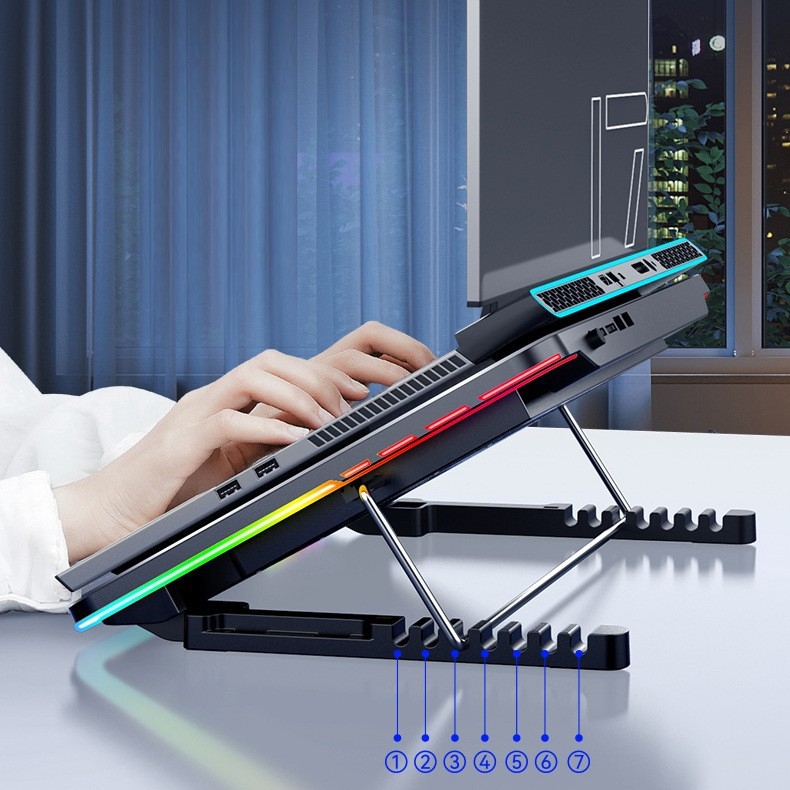 F5 PLUS ψύξη φορητού υπολογιστή με RGB φωτισμό, μεταλλική επιφάνεια δικτύου, 5 ανεμιστήρες, διαστάσεις 360×255×27 mm