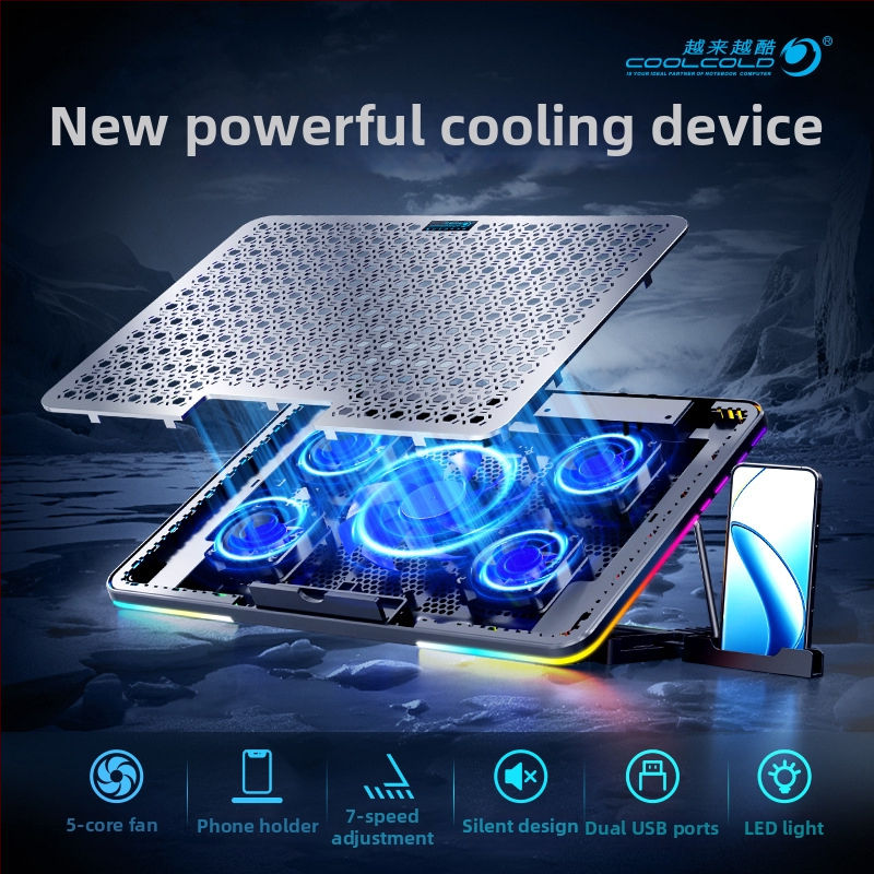 F5 PLUS chladenie pre notebook s RGB osvetlením, kovová sieťovaná plocha, 5 ventilátorov, rozmery 360×255×27 mm