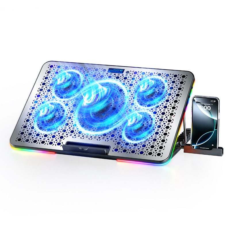 F5 PLUS ψύξη φορητού υπολογιστή με RGB φωτισμό, μεταλλική επιφάνεια δικτύου, 5 ανεμιστήρες, διαστάσεις 360×255×27 mm