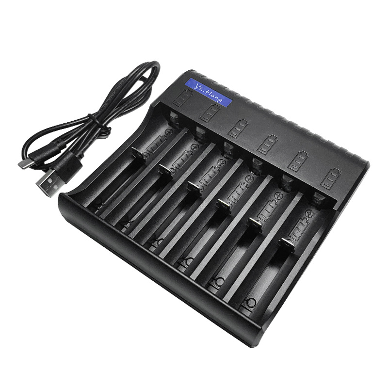 USB lítium-ion akkumulátor töltő 18650-höz, 6 rekesz, gyors töltés, töltésjelző