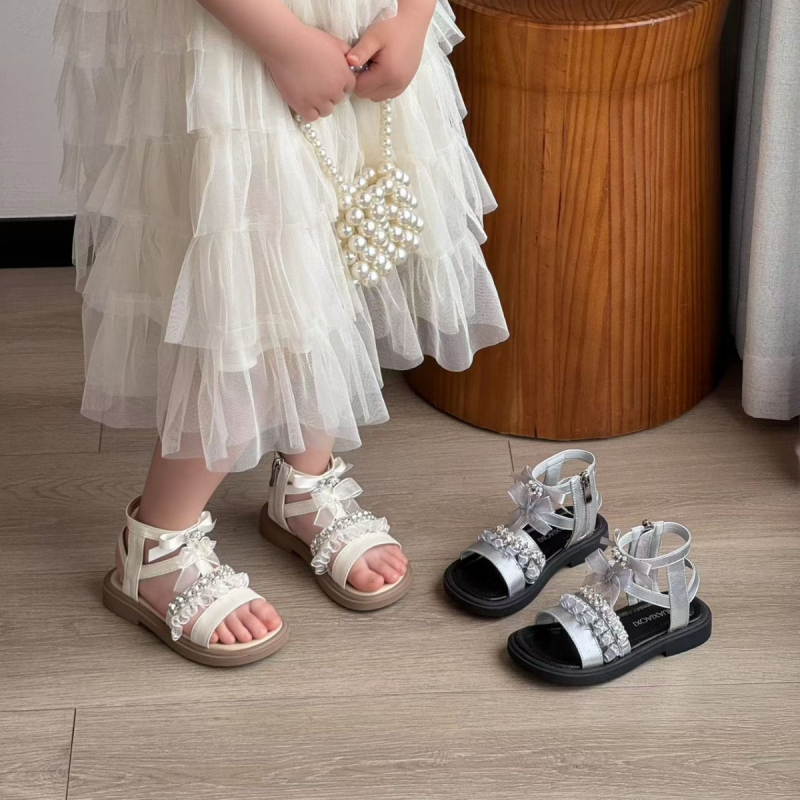 Dječje princežine sandale s mrežicom i perlama, ljeto 2026, obuća za haljine s mašnom, rimske sandale