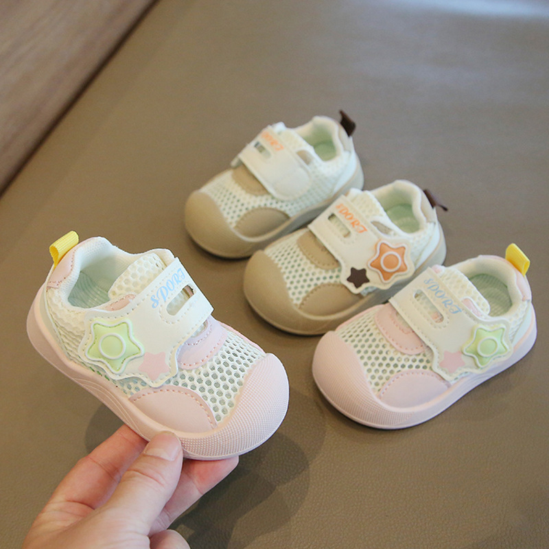 Unisex dječje cipele za učenje hodanja – proljeće/ljeto, protuklizni mekani đon, prozračni mrežasti gornji dio, niski kroj, Velcro zatvarač, uzorak zvjezdica