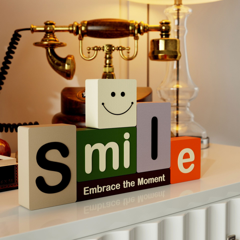 3D ukrasni komad 1005 — lice od blokova s natpisom SMILE, za dnevni boravak, moderan stolni i ulazni dekor