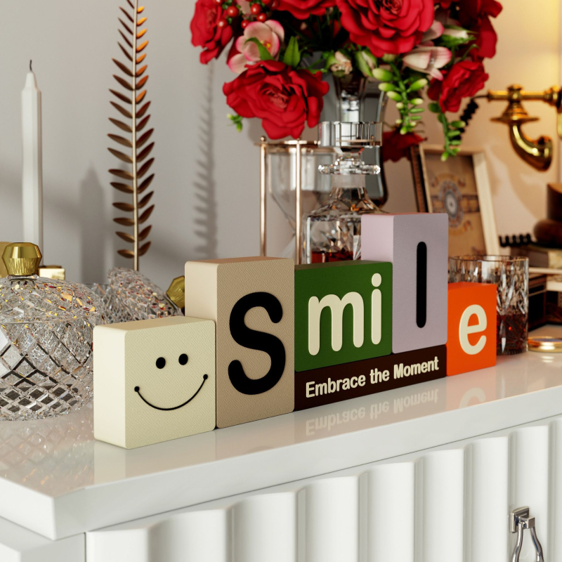 3D ukrasni komad 1005 — lice od blokova s natpisom SMILE, za dnevni boravak, moderan stolni i ulazni dekor