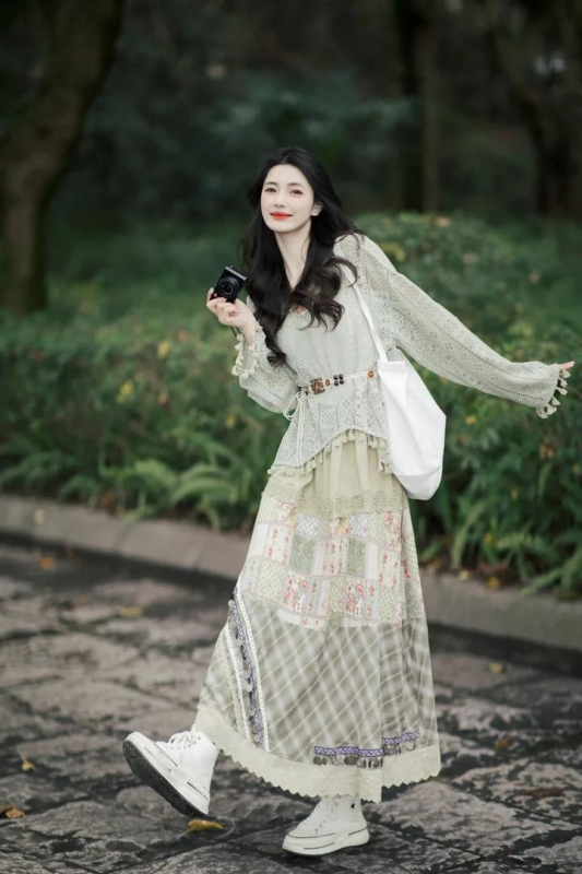 Mori Girl boemski stil set s izrezanim vrhom i resicama te duga suknja