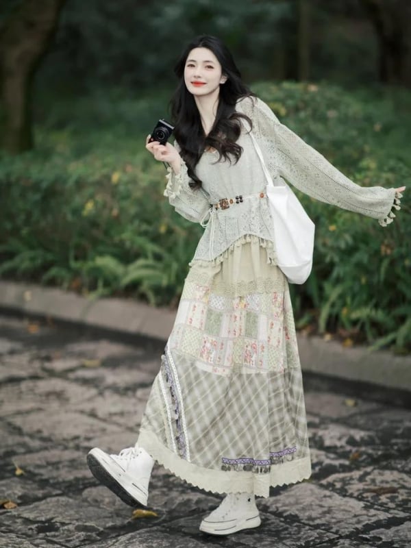 Mori Girl boemski stil set s izrezanim vrhom i resicama te duga suknja