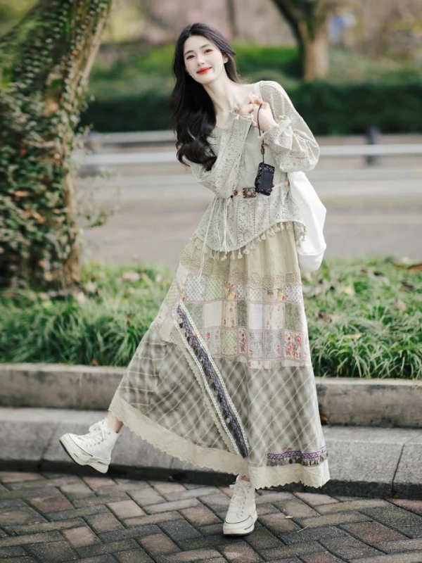Mori Girl boemski stil set s izrezanim vrhom i resicama te duga suknja