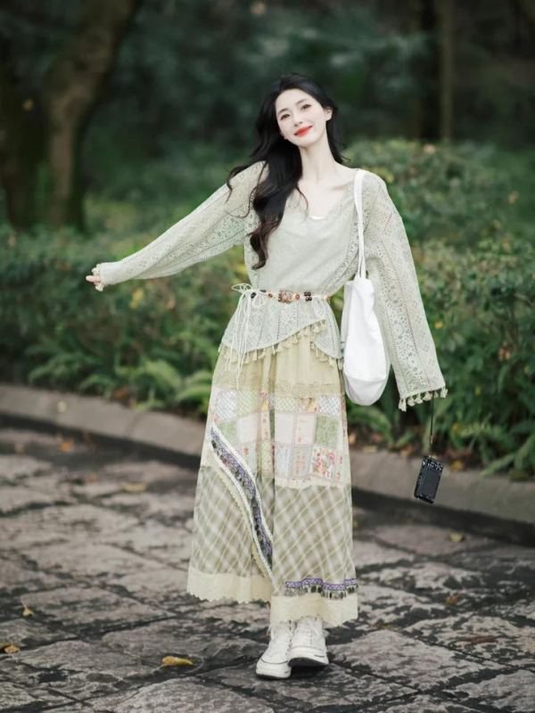 Mori Girl boemski stil set s izrezanim vrhom i resicama te duga suknja