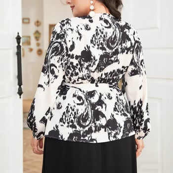 Bluza dama plus size cu nod frontal în formă de fundă, decolteu în V, mâneci lungi, croială lejeră pentru birou