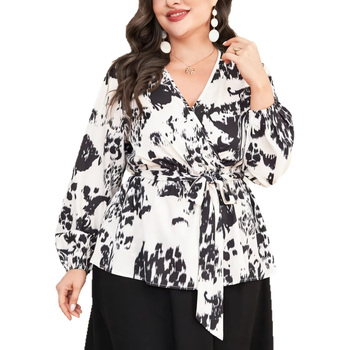 Bluza dama plus size cu nod frontal în formă de fundă, decolteu în V, mâneci lungi, croială lejeră pentru birou