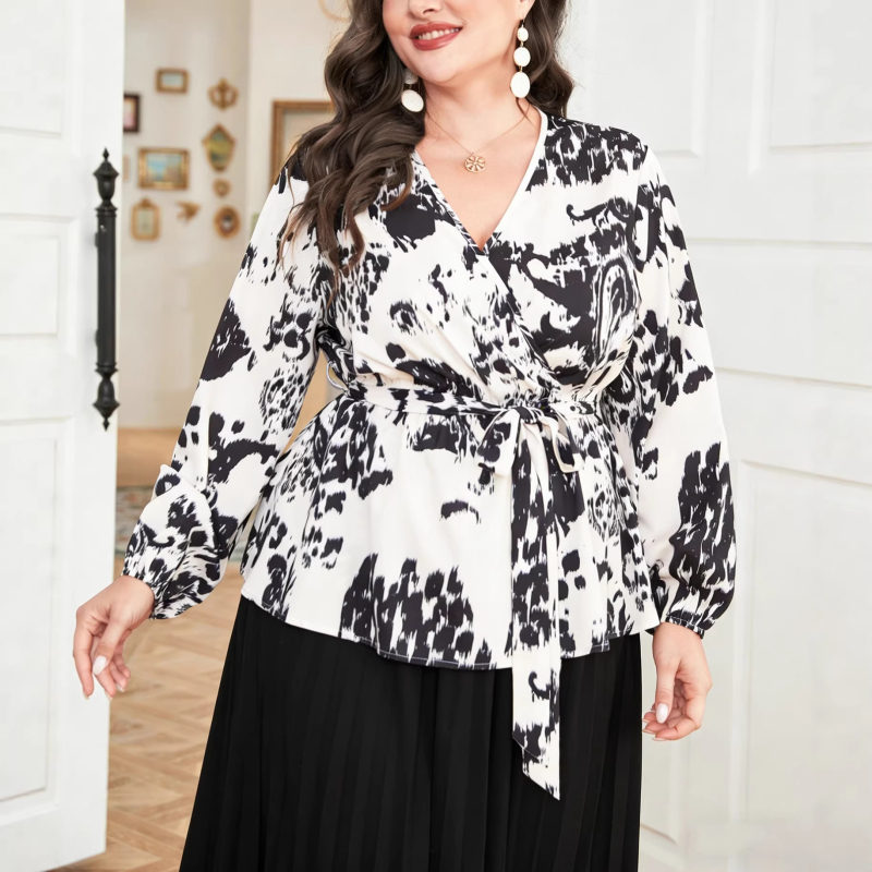Bluza dama plus size cu nod frontal în formă de fundă, decolteu în V, mâneci lungi, croială lejeră pentru birou