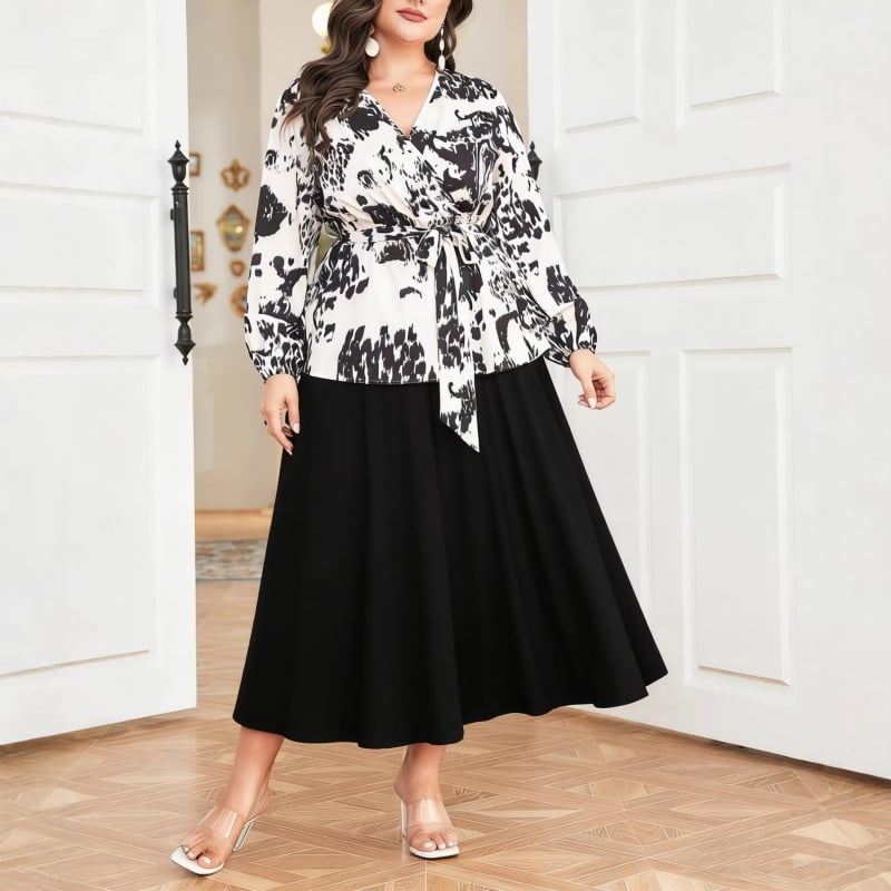 Bluza dama plus size cu nod frontal în formă de fundă, decolteu în V, mâneci lungi, croială lejeră pentru birou