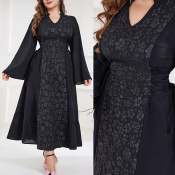 Rochie de zi cu mâneci lungi, jacquard, decolteu în V, design elegant, confortabilă, talie accentuată, look matur, potrivită pentru primăvară și toamnă, mărime plus.