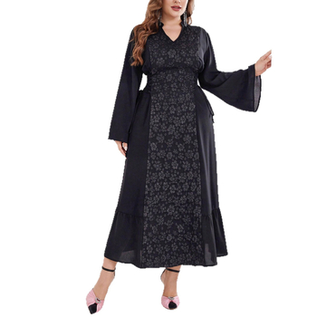 Rochie de zi cu mâneci lungi, jacquard, decolteu în V, design elegant, confortabilă, talie accentuată, look matur, potrivită pentru primăvară și toamnă, mărime plus.