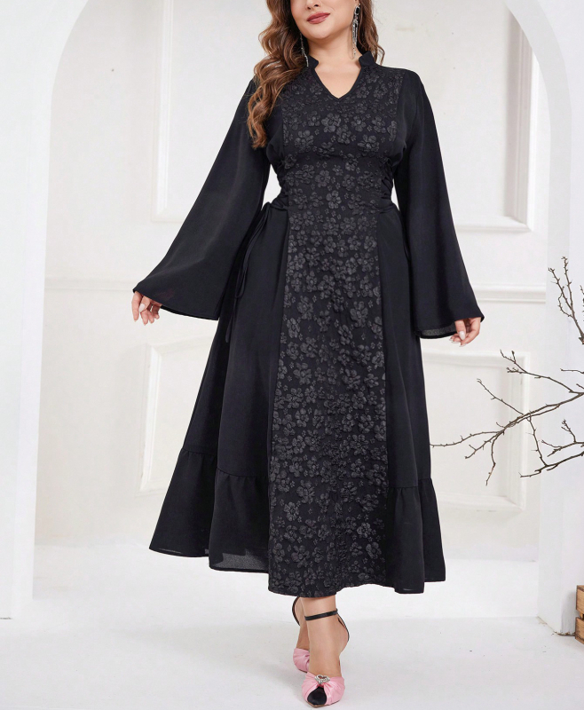 Rochie de zi cu mâneci lungi, jacquard, decolteu în V, design elegant, confortabilă, talie accentuată, look matur, potrivită pentru primăvară și toamnă, mărime plus.
