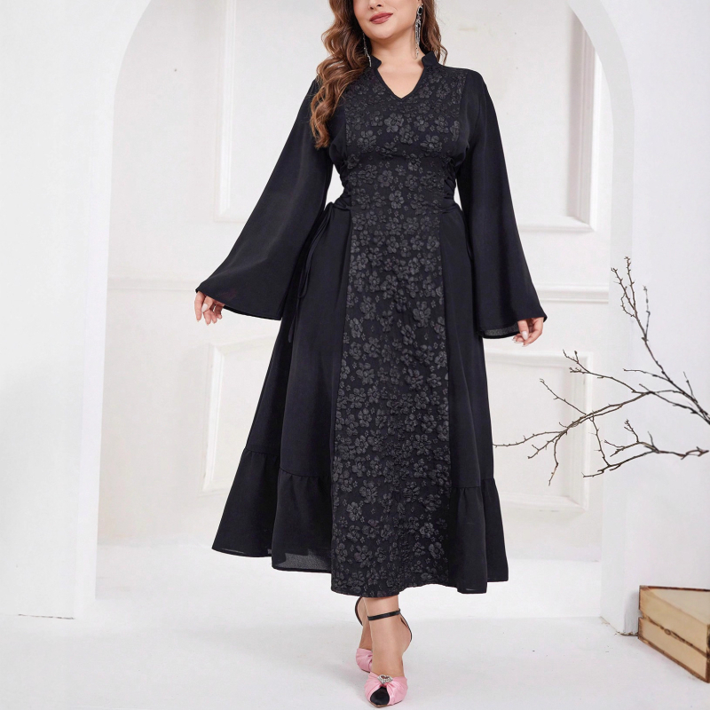 Rochie de zi cu mâneci lungi, jacquard, decolteu în V, design elegant, confortabilă, talie accentuată, look matur, potrivită pentru primăvară și toamnă, mărime plus.