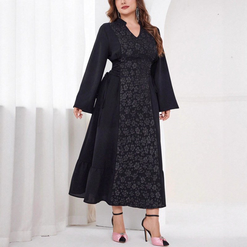 Rochie de zi cu mâneci lungi, jacquard, decolteu în V, design elegant, confortabilă, talie accentuată, look matur, potrivită pentru primăvară și toamnă, mărime plus.