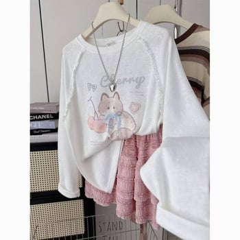 Top pentru femei plus size, stil coreean, toamnă-iarnă, imprimeu pisicuță cu cireșe, moale și confortabil, croială lejeră, mânecă lungă