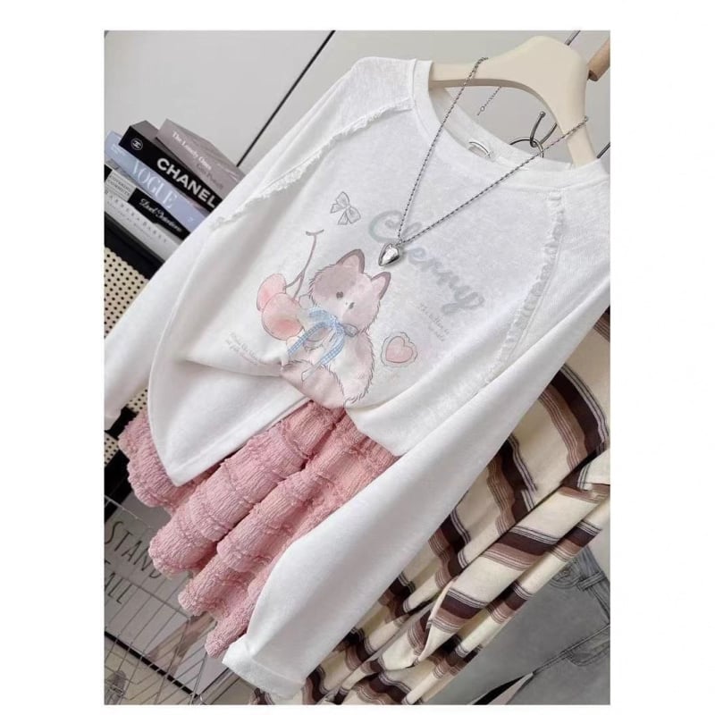 Top pentru femei plus size, stil coreean, toamnă-iarnă, imprimeu pisicuță cu cireșe, moale și confortabil, croială lejeră, mânecă lungă