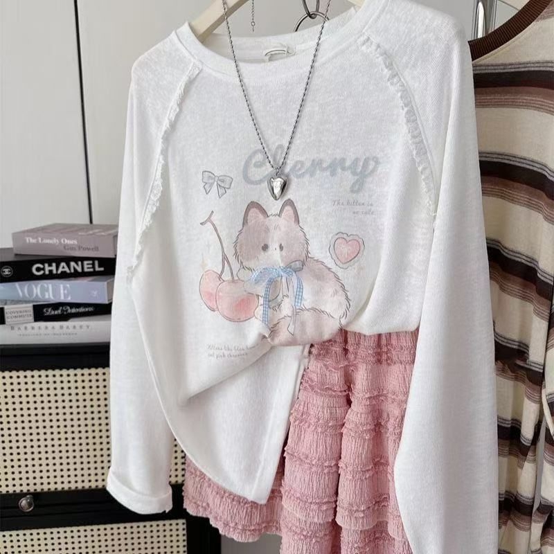Top pentru femei plus size, stil coreean, toamnă-iarnă, imprimeu pisicuță cu cireșe, moale și confortabil, croială lejeră, mânecă lungă
