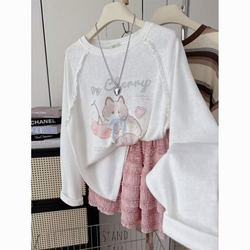 Top pentru femei plus size, stil coreean, toamnă-iarnă, imprimeu pisicuță cu cireșe, moale și confortabil, croială lejeră, mânecă lungă