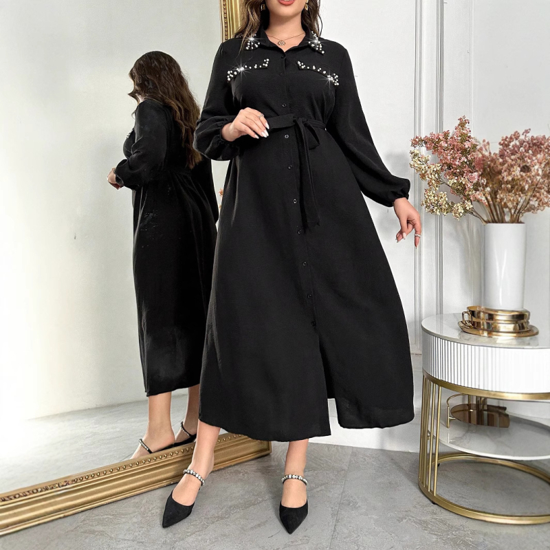 Rochie în stil Hepburn și Chanel, neagră, lungă, în croială A-line cu talie subliniată pentru primăvară-toamnă